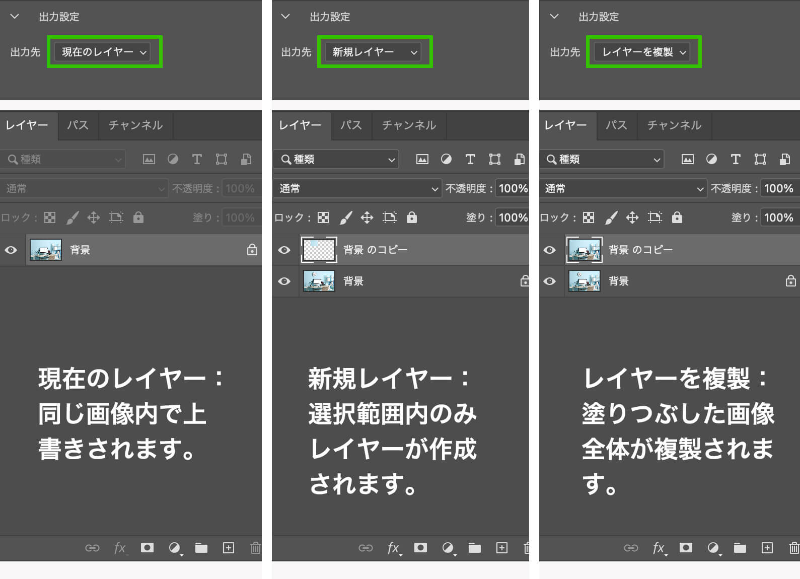 出力先は「現在のレイヤー」「新規レイヤー」「レイヤーを複製」の3種類